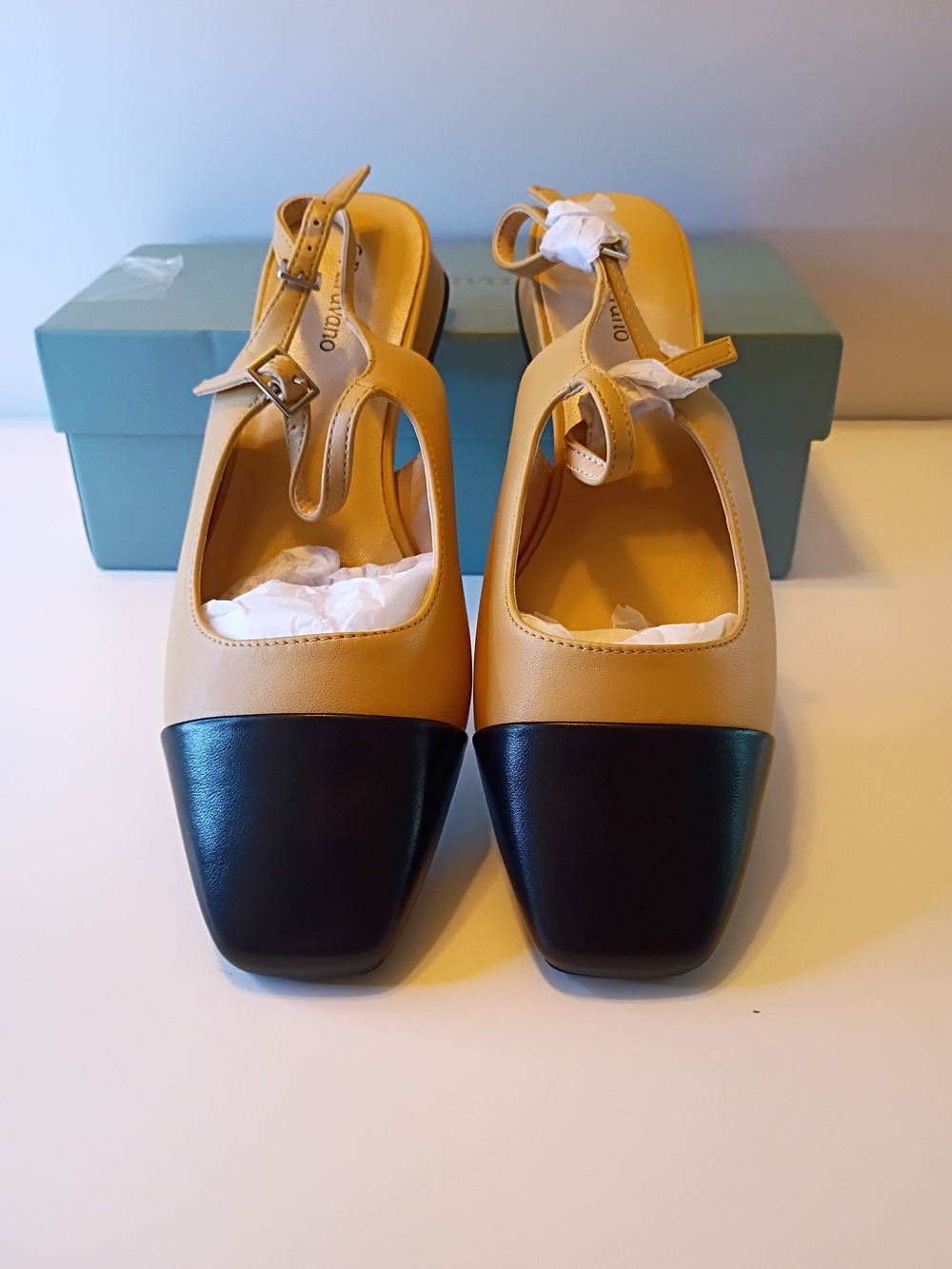 C. Paravano Beige and Black Two-Tone Slingback Heels